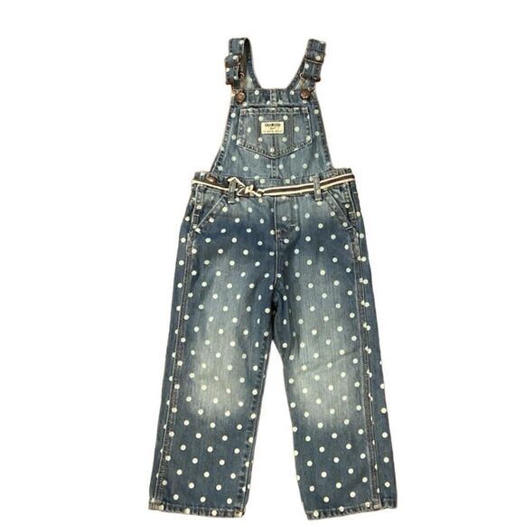 Oshkosh Polka Dot Overalls 3T Blue Denim Bibbed White Circles Tie Belt Vestbak - Picture 10 of 15